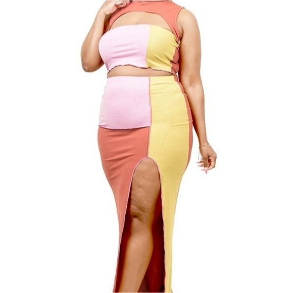 Cut it out set/Sleeveless Color block Stitch Lettuce Trim 2 Piece Skirt Set - Picture 1 of 6